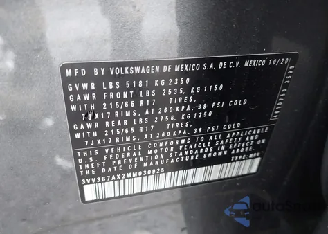 2021 Volkswagen Tiguan 2.0T Se/2.0T Se R-Line Black/2.0T Sel z USA, uszkodzony, nr VIN 3VV3B7AX2MM030925